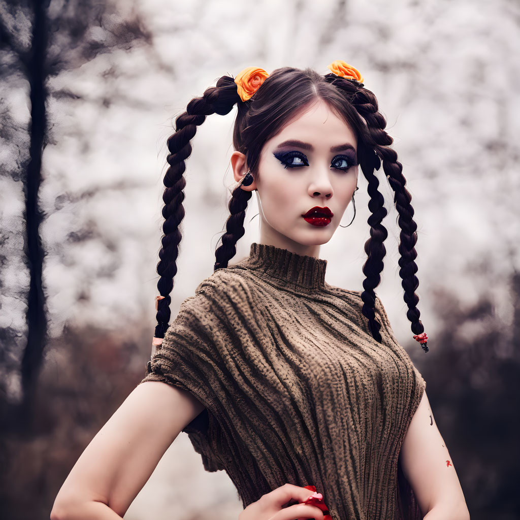 Dark Braided Pigtails Woman with Orange Flowers and Dramatic Makeup