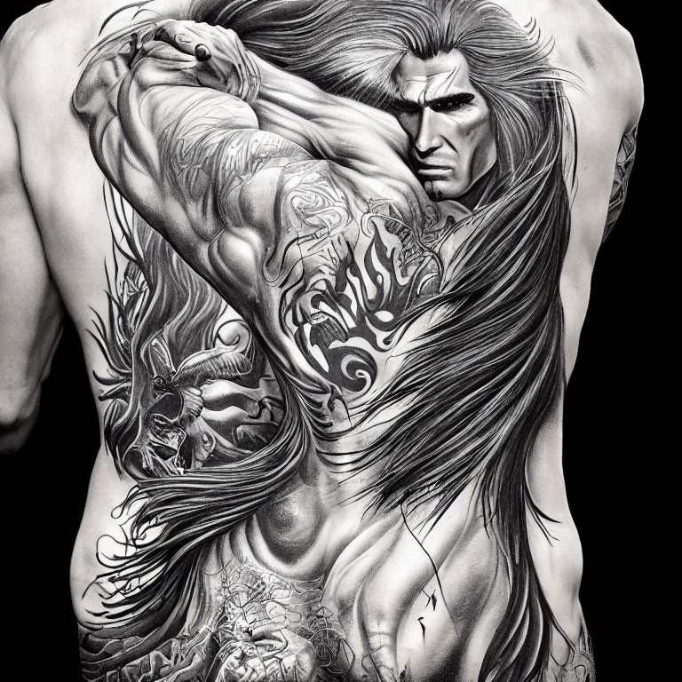 Detailed black and white drawing of muscular man with long hair and intricate tattoos.