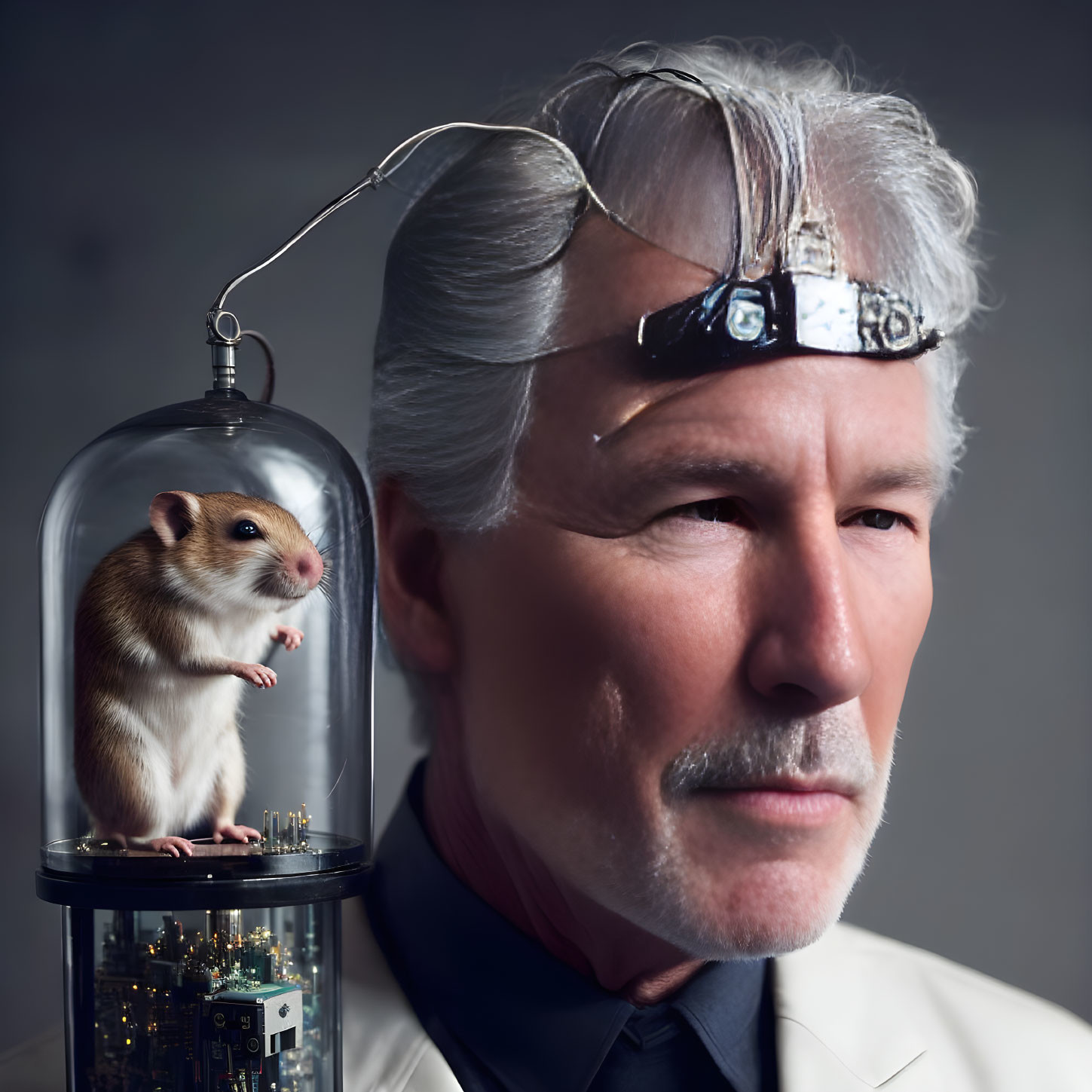 White-Haired Man with Headband and Rodent in Glass Dome Above Miniature Cityscape