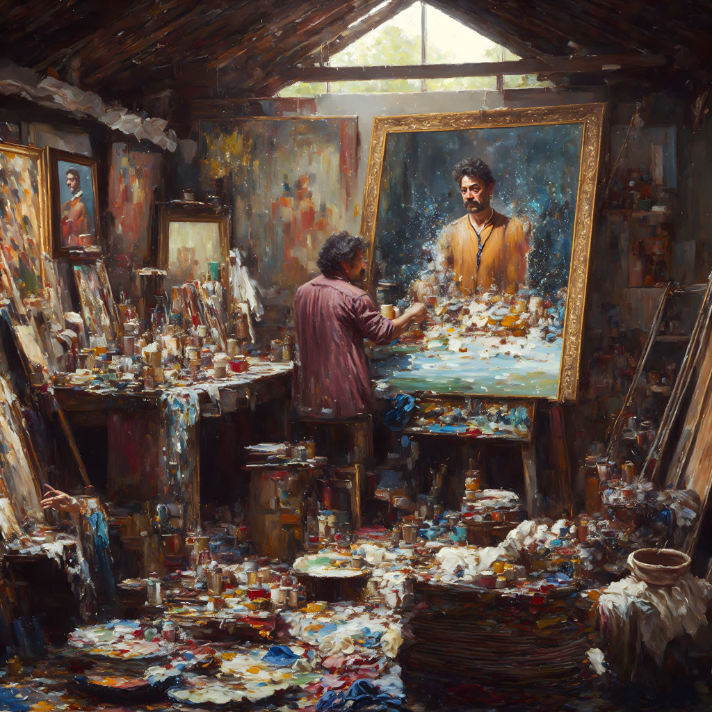 Colorful self-portrait painting in cluttered artist studio