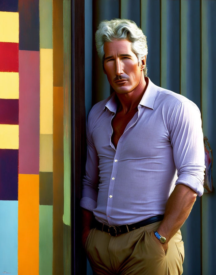 Silver-Haired Man Painting Against Colorful Abstract Background