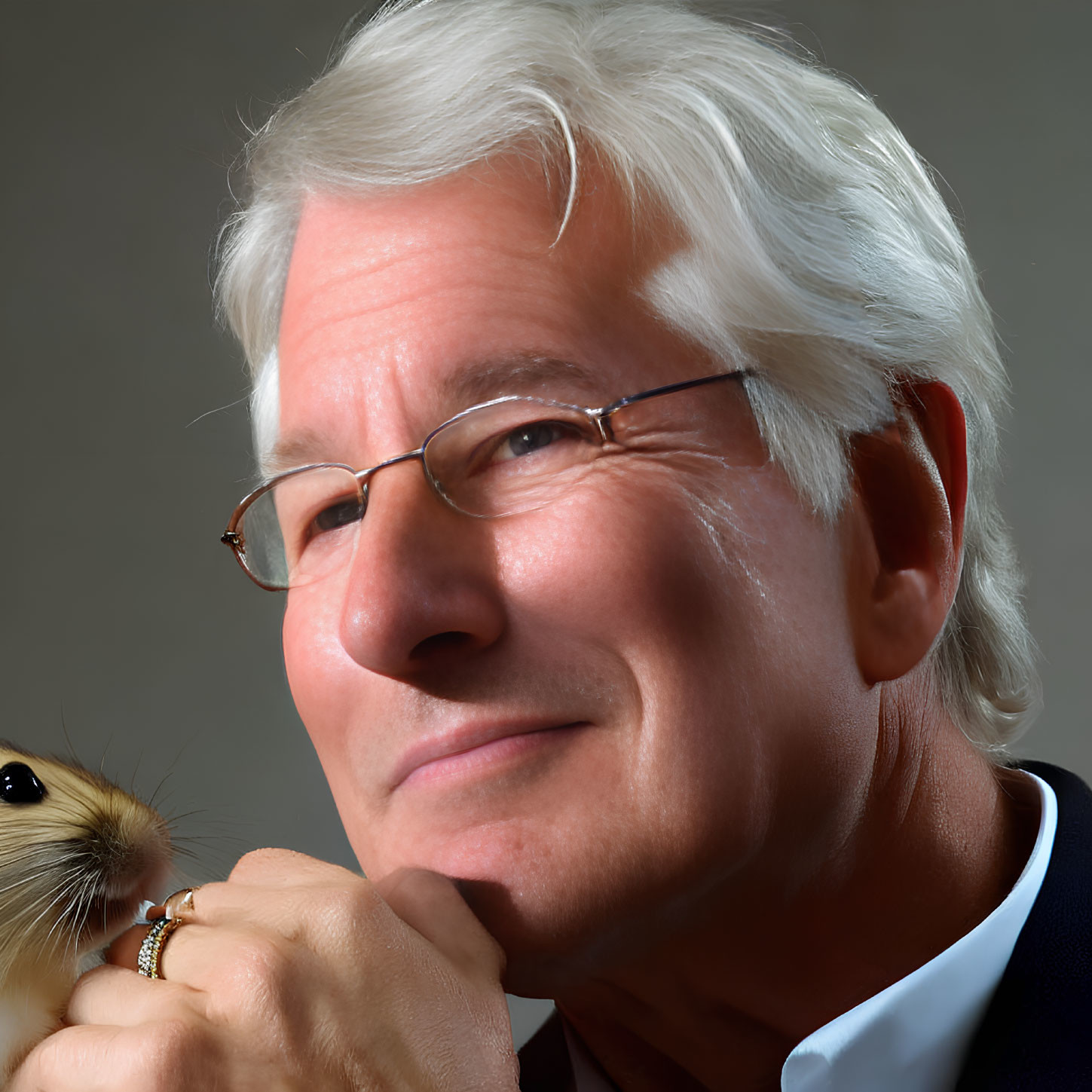 Elderly Man with White Hair Holding Guinea Pig on Grey Background