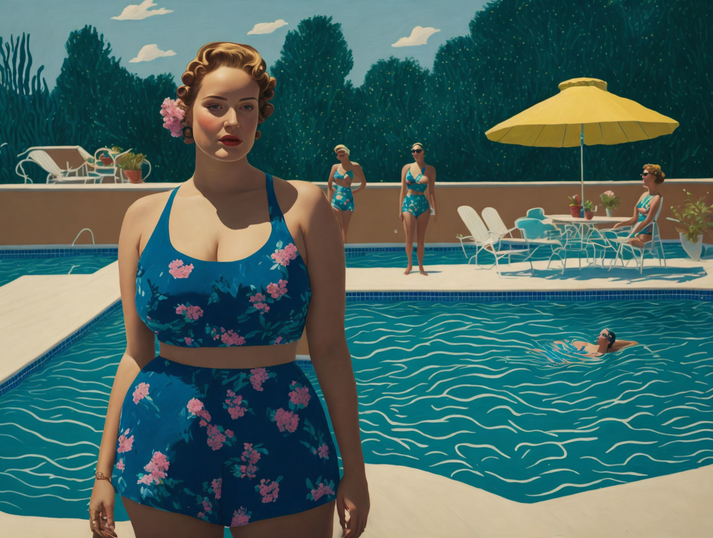 Vintage-style illustration of woman in floral swimsuit by pool with swimmers and sunlit sky.