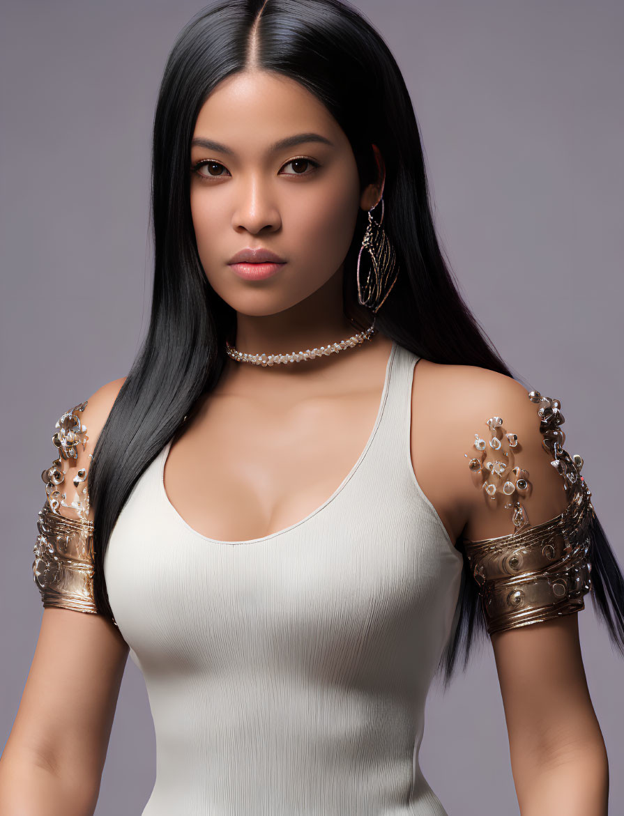 Long-haired woman in sleeveless top with ornate jewelry and metallic arm cuffs