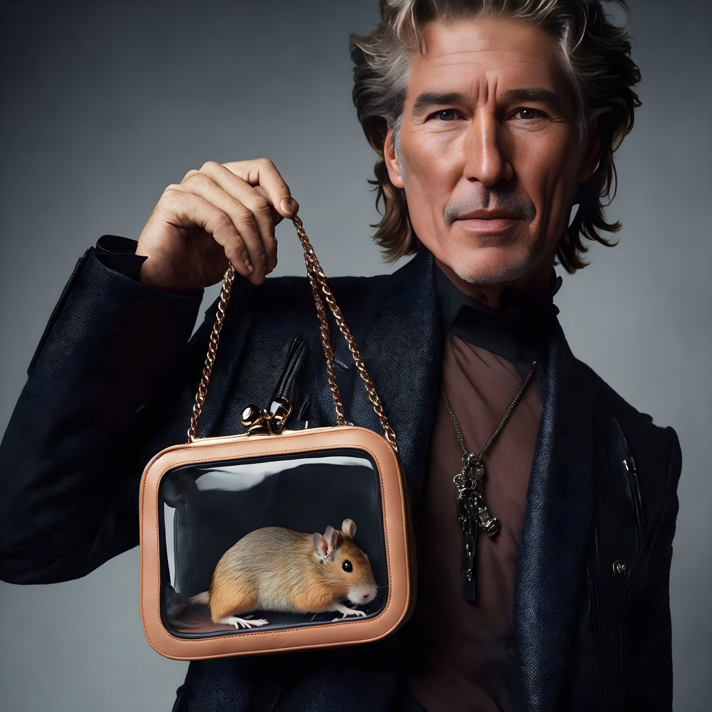 Styled Gray-Haired Man Holding Purse with Clear Window and Hamster