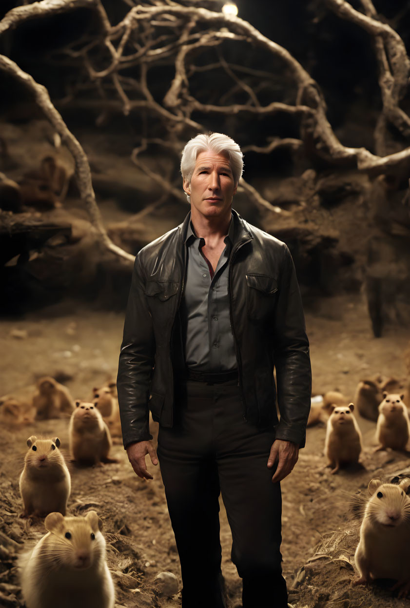 Silver-Haired Man in Black Leather Jacket Surrounded by Furry Creatures