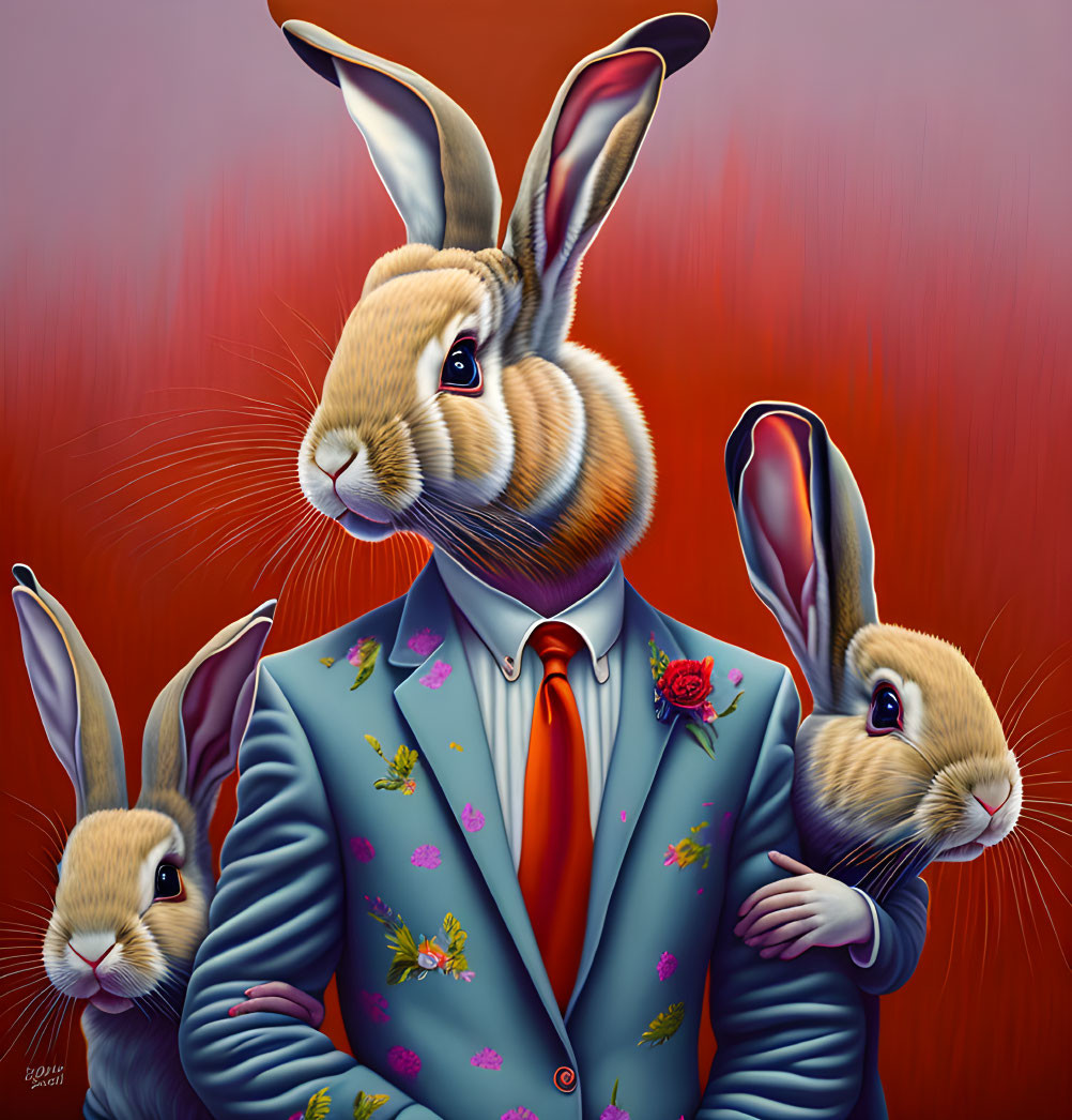 Anthropomorphic rabbit in blue suit with two smaller rabbits on red backdrop