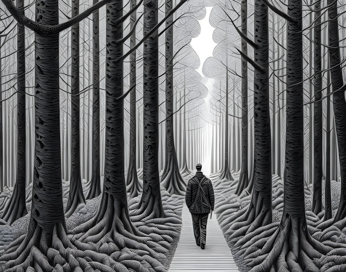 Person in coat walking on wooden path surrounded by stylized monochrome trees.