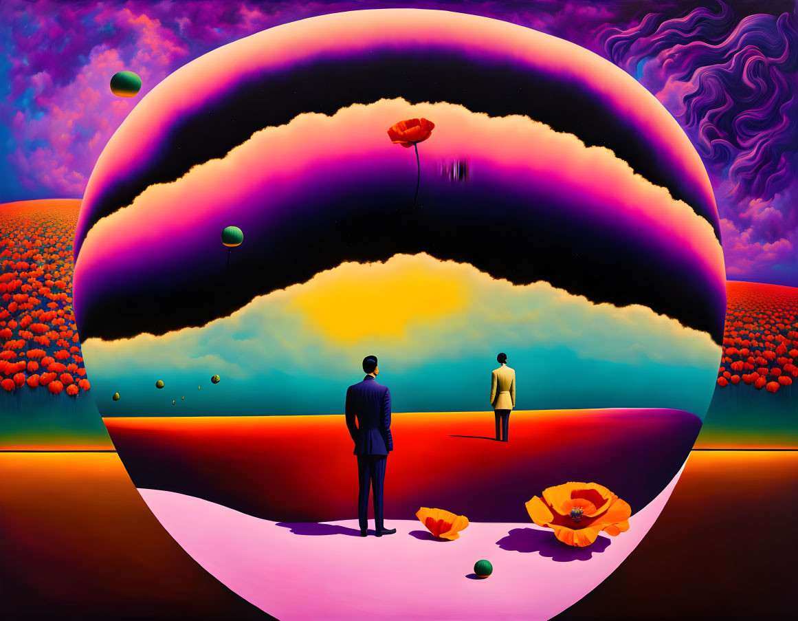 Surrealist landscape with figures, orb, sunset, spheres, and oversized flowers