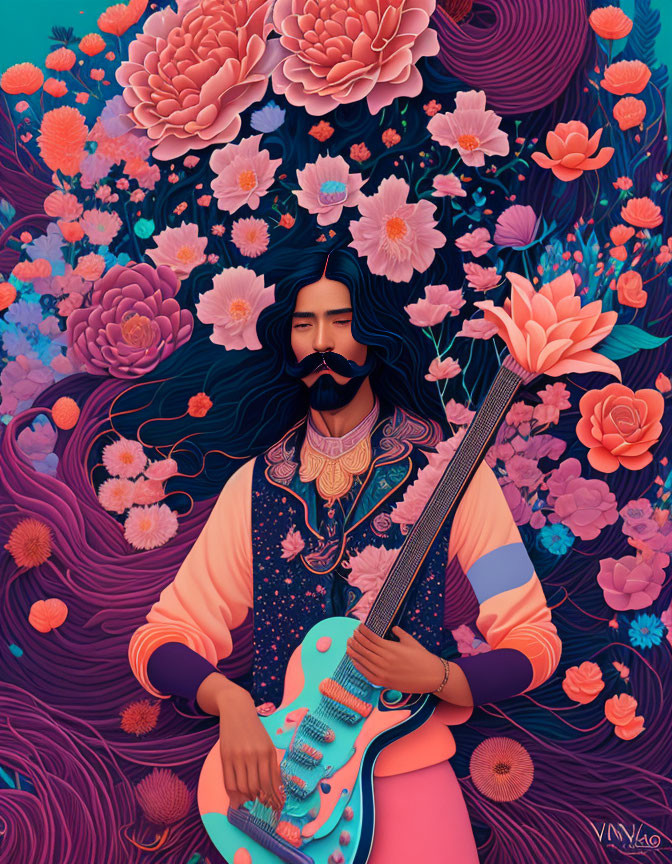 Colorful Illustration: Bearded Person with Guitar in Floral Setting