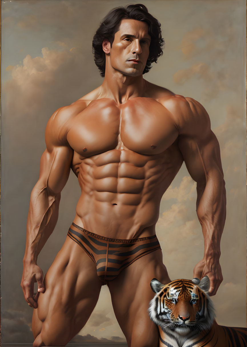 Muscular man posing with tiger against cloudy sky