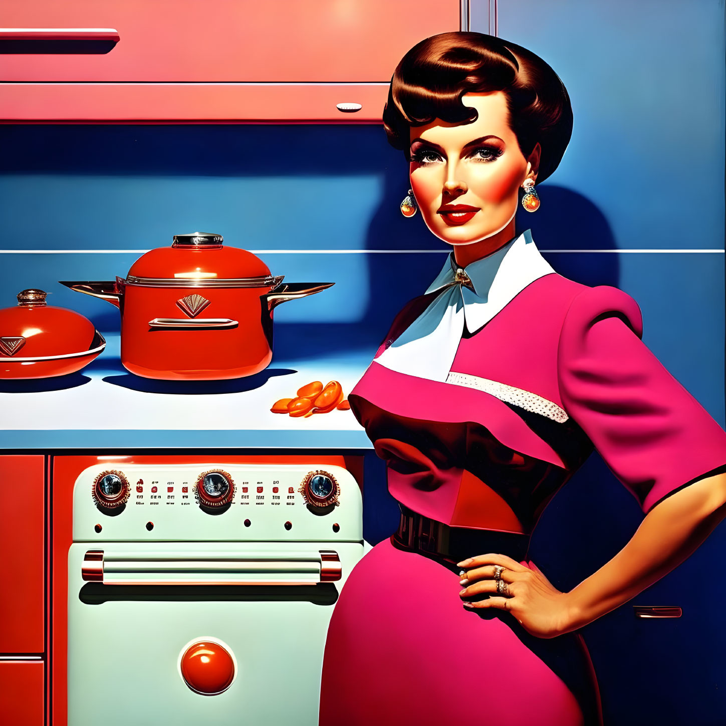 Vintage Kitchen Scene with Woman in Pink Dress and Retro Decor