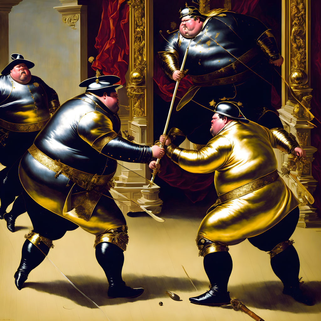 Overweight armored characters in comedic duel with exaggerated expressions