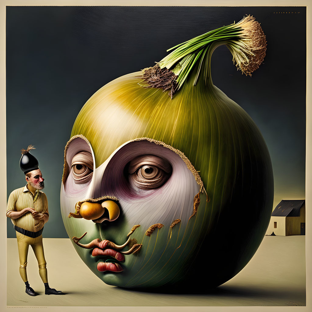 Surreal illustration of large onion with human face and chef figure