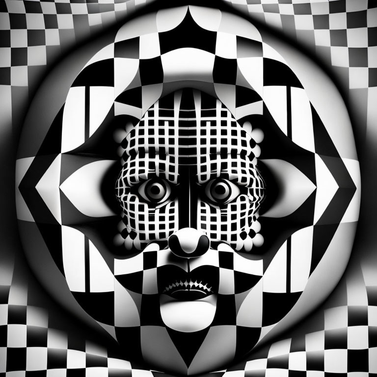 Monochrome surreal face with distorted checkerboard pattern