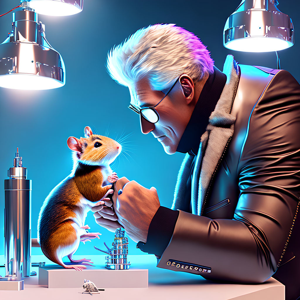 Silver-haired man with glasses holding sentient mouse in futuristic lab