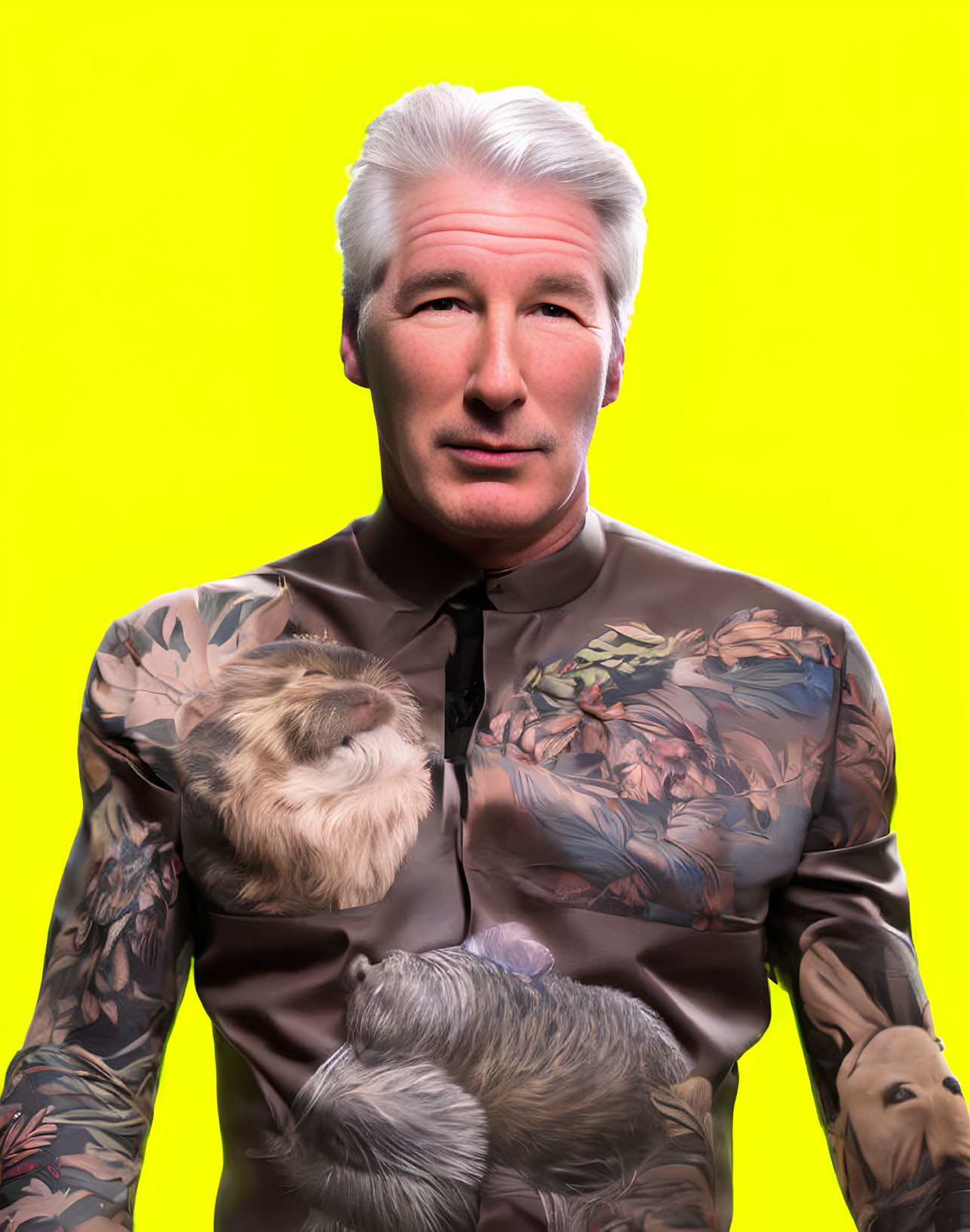 Silver-Haired Man Holding Sleeping Cat in Floral Shirt on Yellow Background