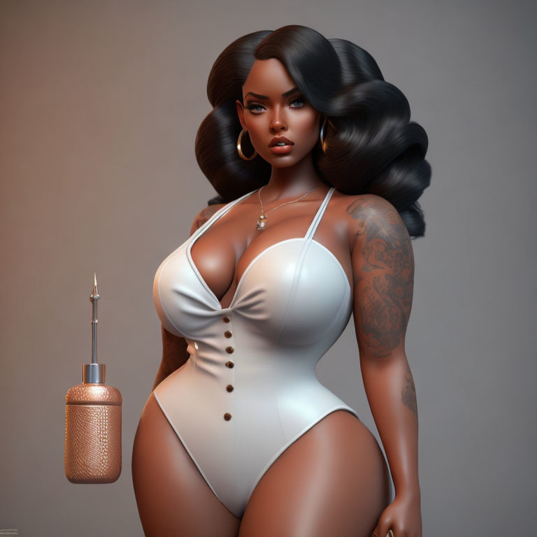 Curvaceous woman in white swimsuit with tattoos holding perfume bottle