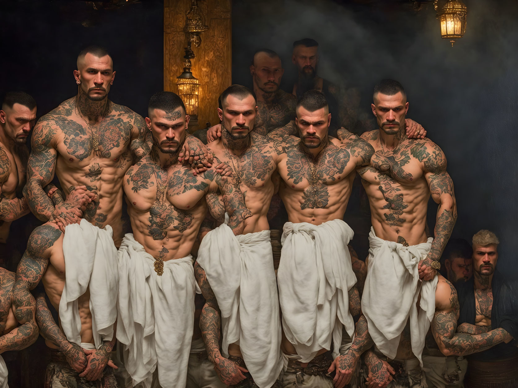 Serious bare-chested tattooed men in dimly lit room