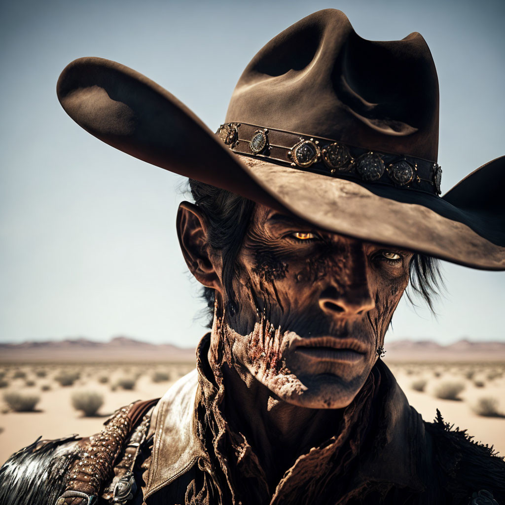 Weathered-faced individual in cowboy hat in desert landscape