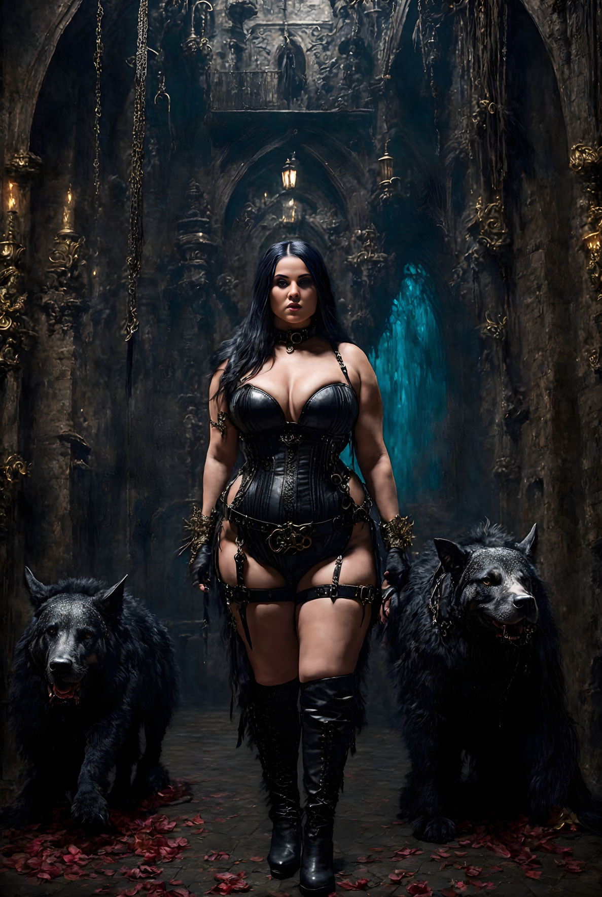 Dark Gothic Woman Poses with Black Wolves in Candle-Lit Setting