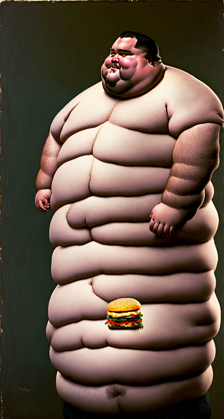 Digitally altered image of overweight cartoon man with hamburger