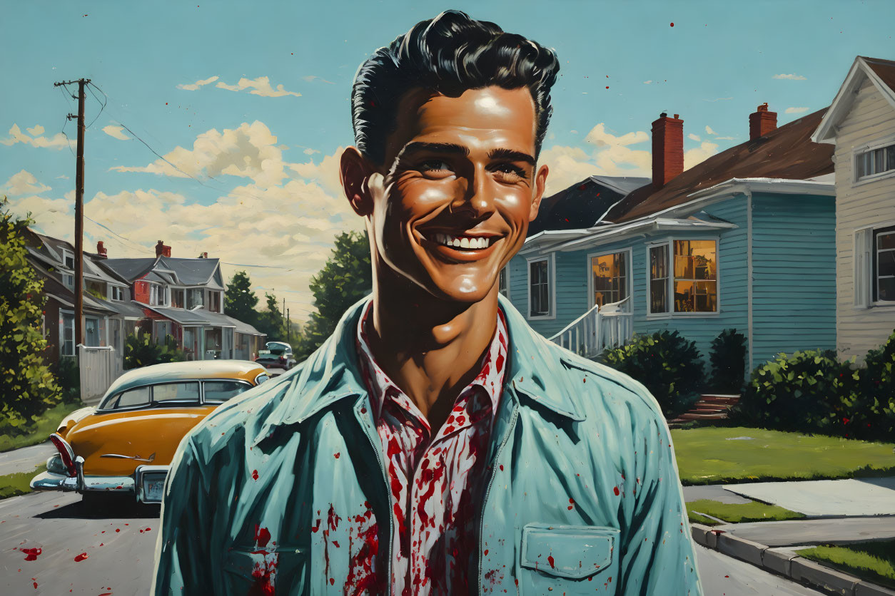 Smiling man in blood-splattered shirt in suburban setting