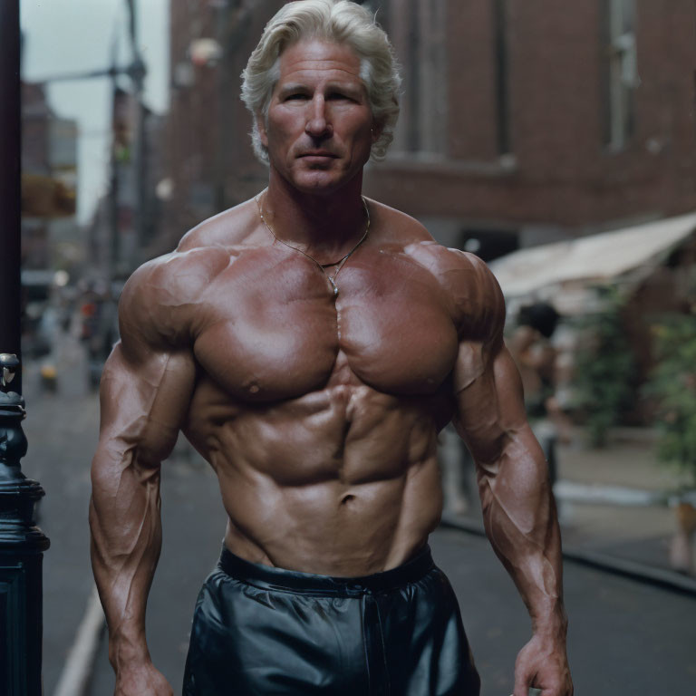 Muscular man with long blonde hair in black pants and necklace on city street