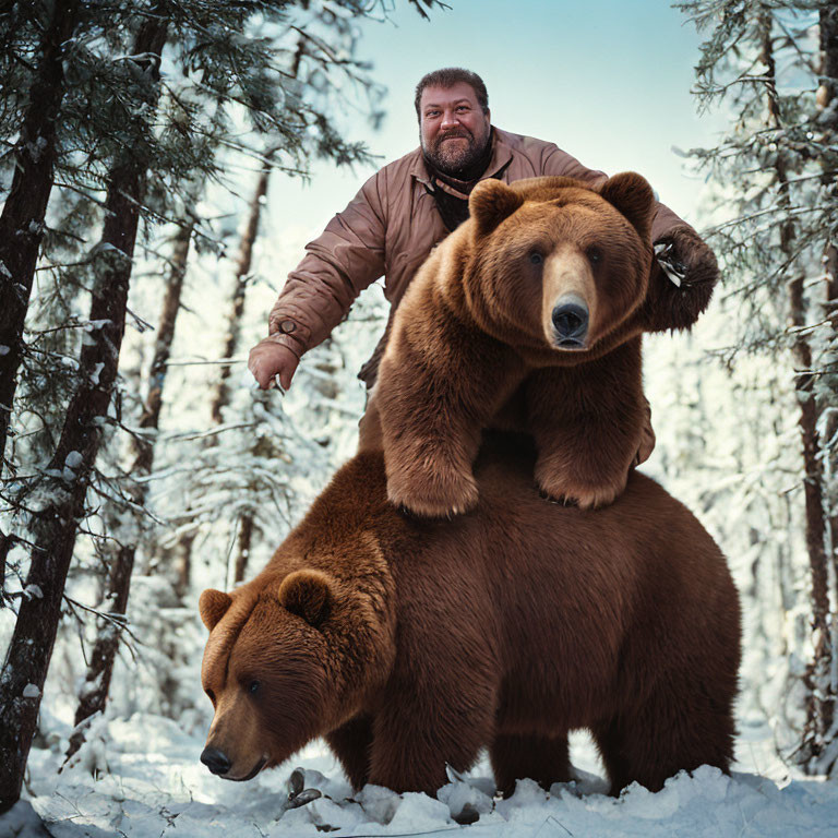 Bearded man smiles with brown bear in snowy forest