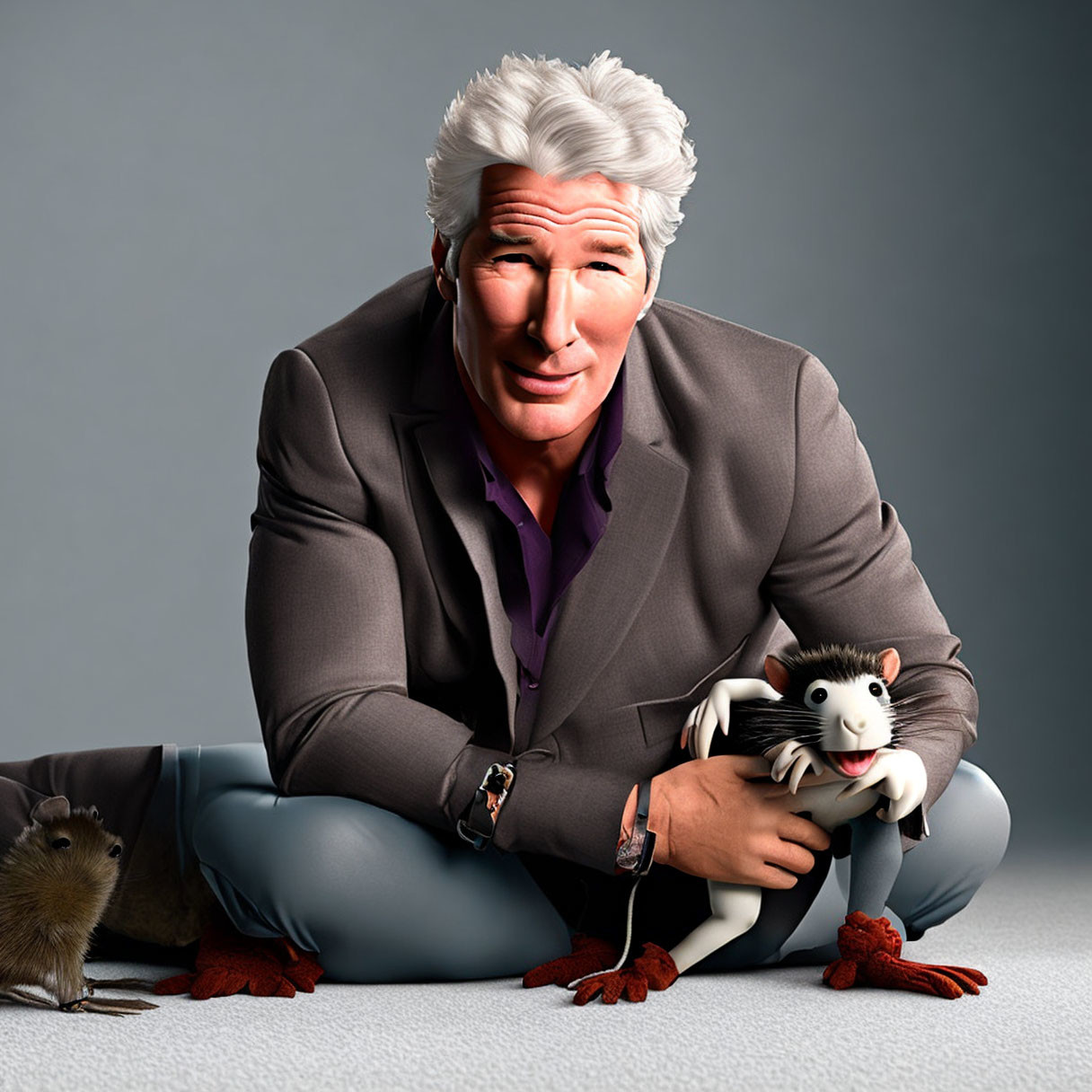 Silver-haired man in suit with smiling expression holding black and white rat, alongside a brown rodent.