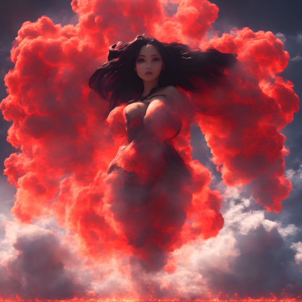 Dark-haired woman in red dress emerges from vibrant red clouds