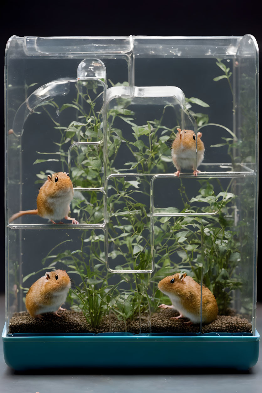 Gerbils in Multi-Level Enclosure with Soil and Plants