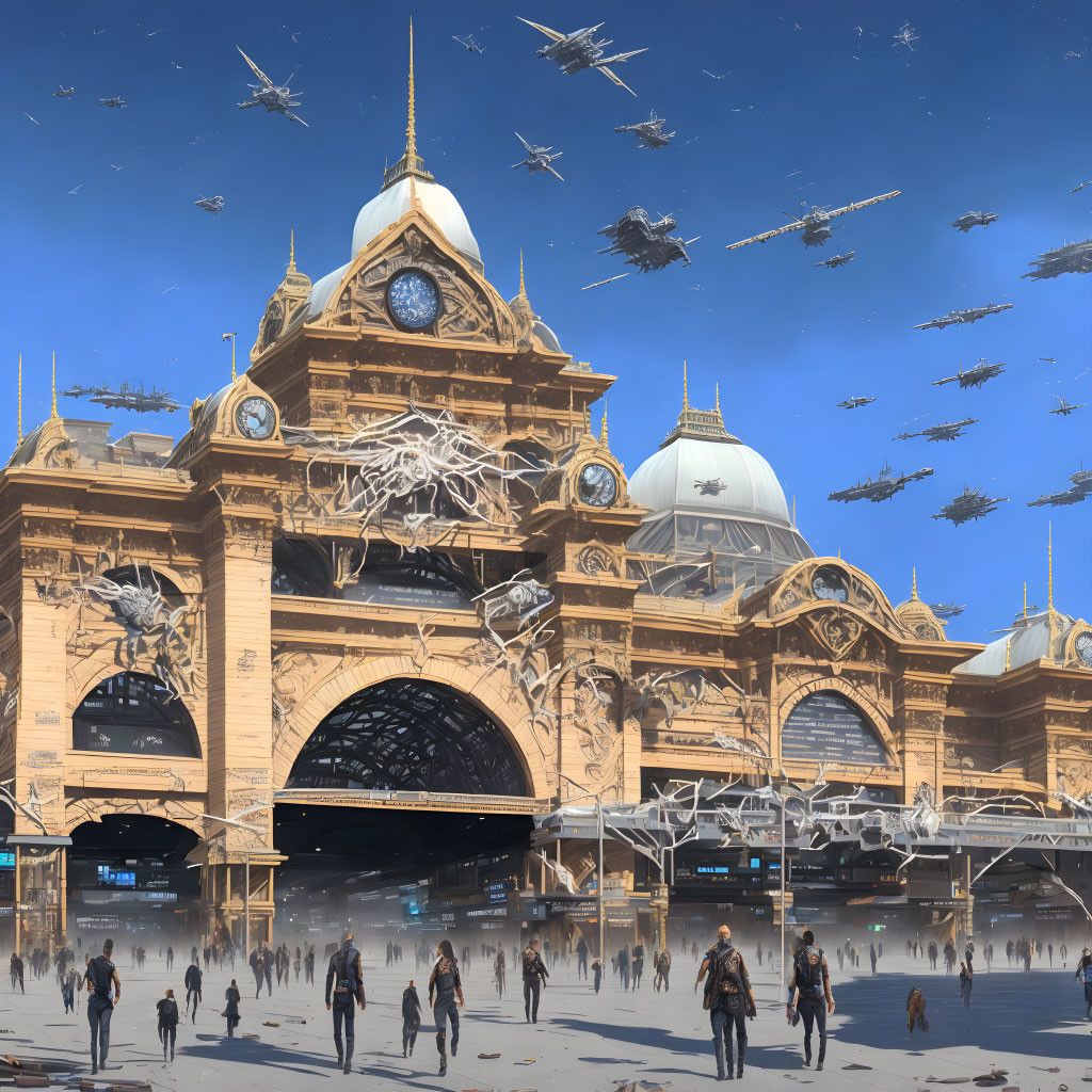 Futuristic cityscape with classic architecture, bustling crowds, and flying vehicles.