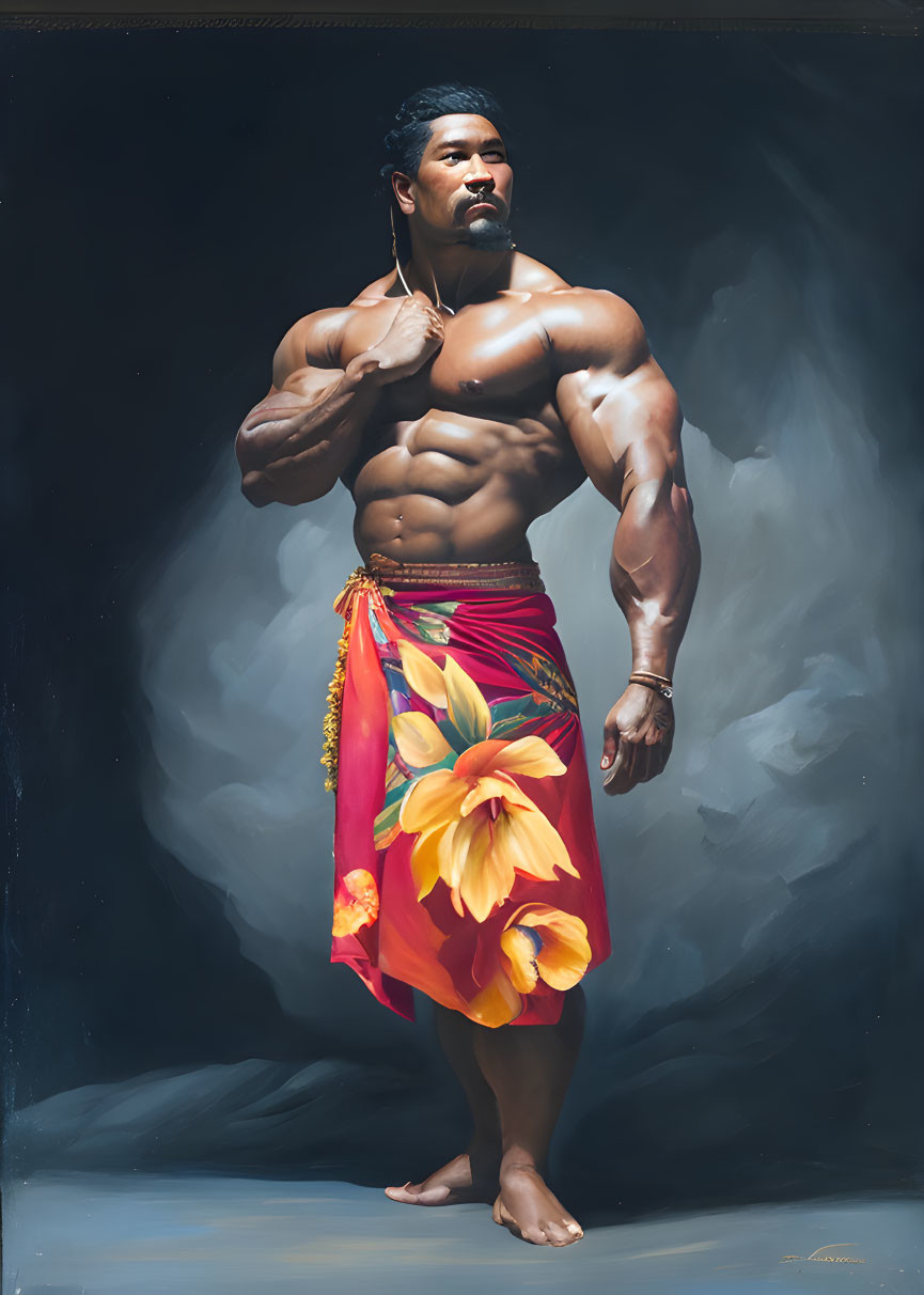 Muscular man in vibrant sarong showcasing strength and cultural attire