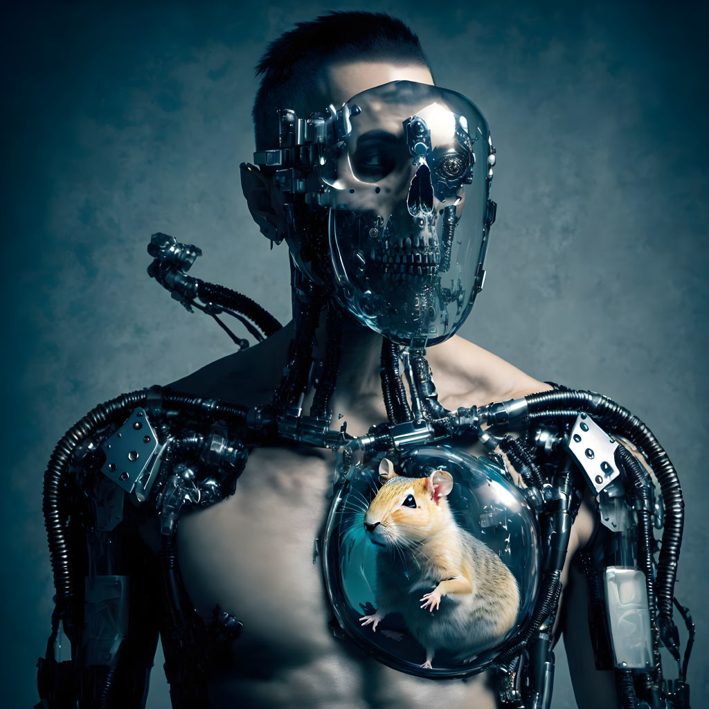 Half-Human, Half-Robot Figure with Rat in Transparent Chest on Moody Blue Background