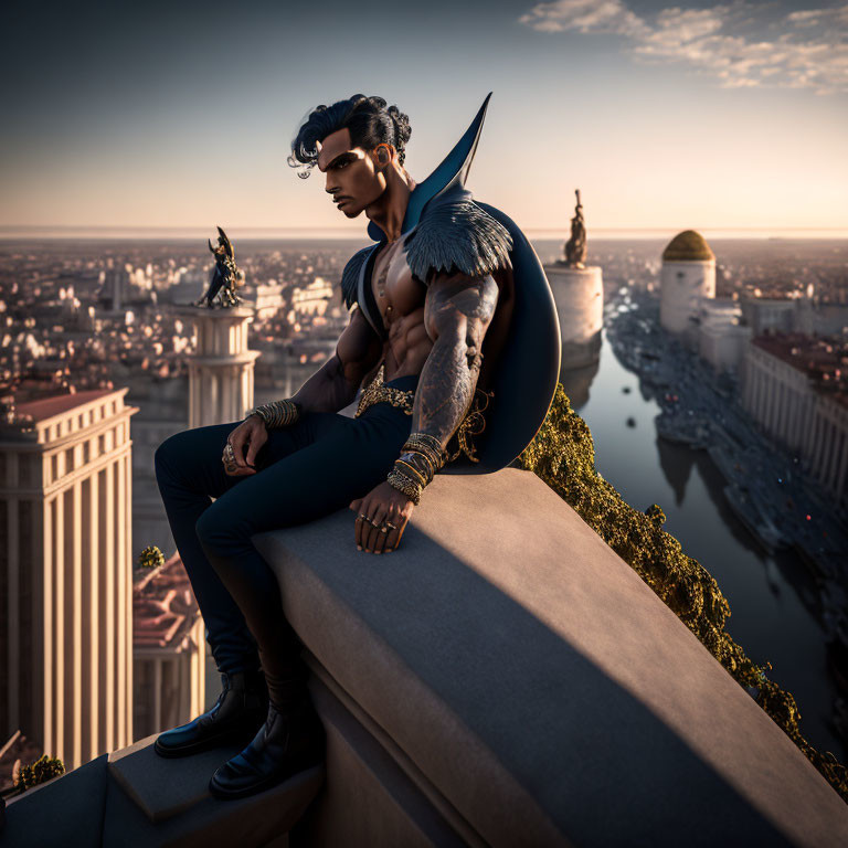 Male figure with wings overlooking cityscape at sunset