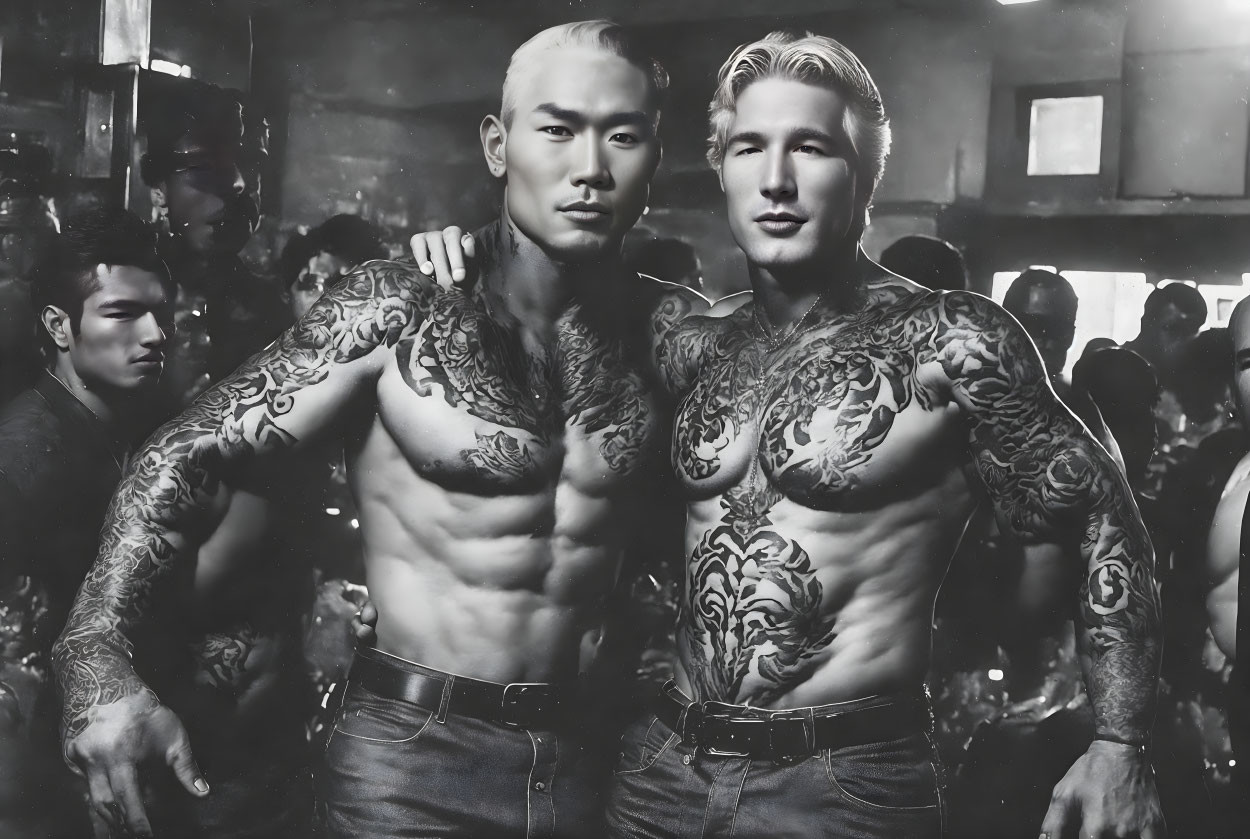 Muscular men with elaborate tattoos display confidence