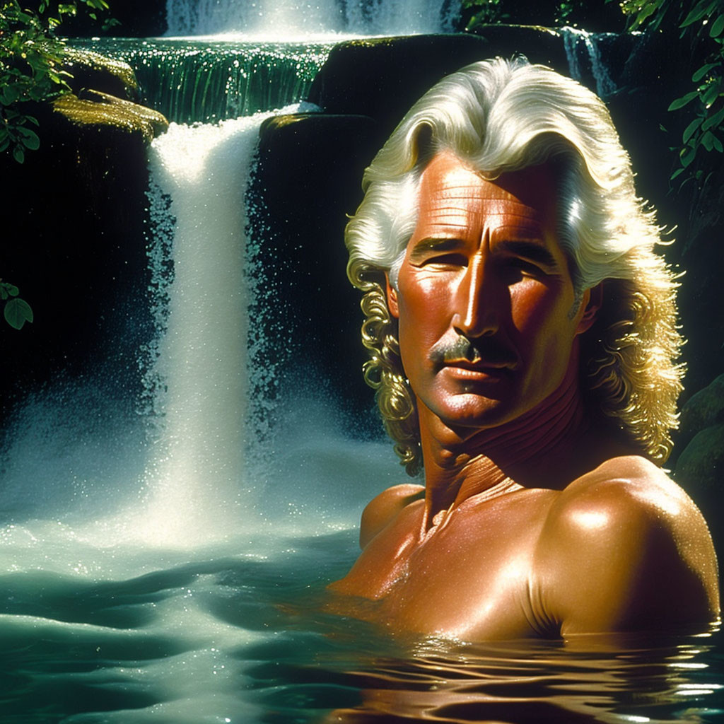 Man with Wavy Blonde Hair and Mustache at Tropical Waterfall