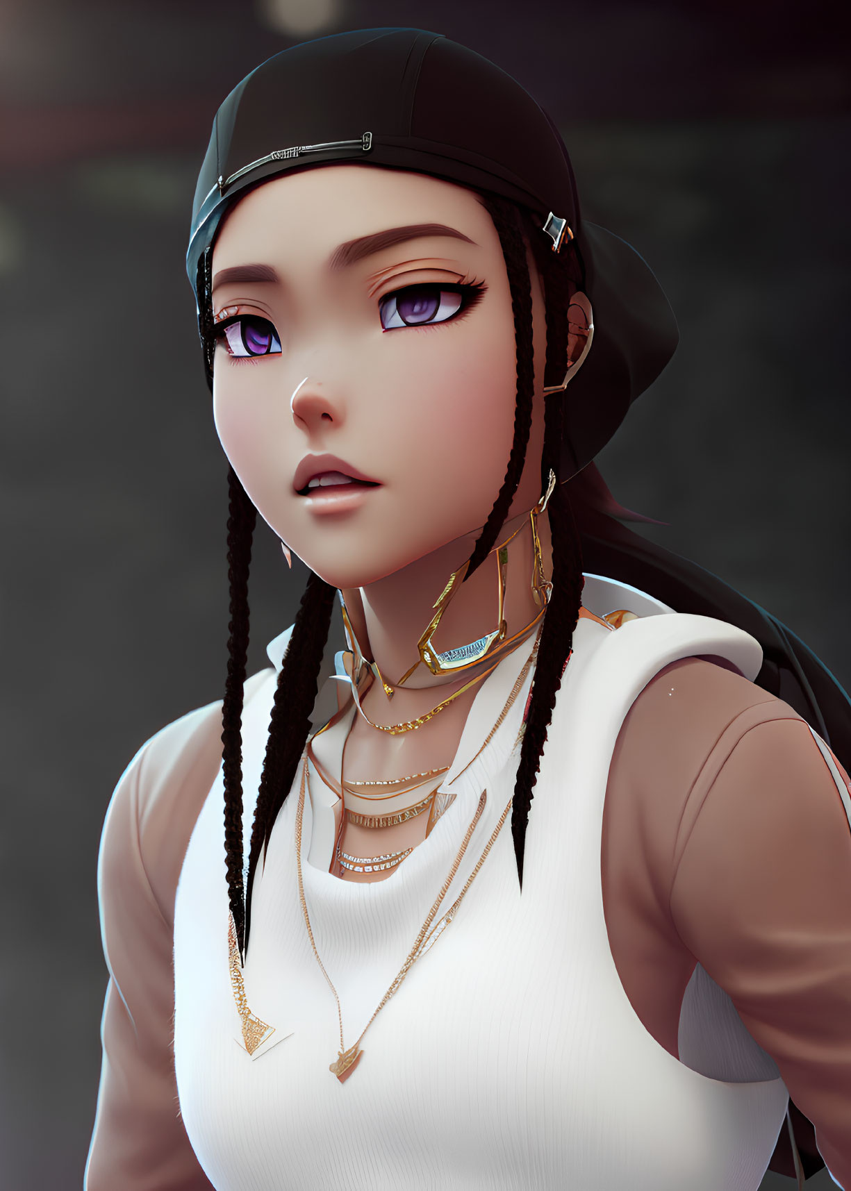 Stylized female character with purple eyes and gold necklaces in digital art