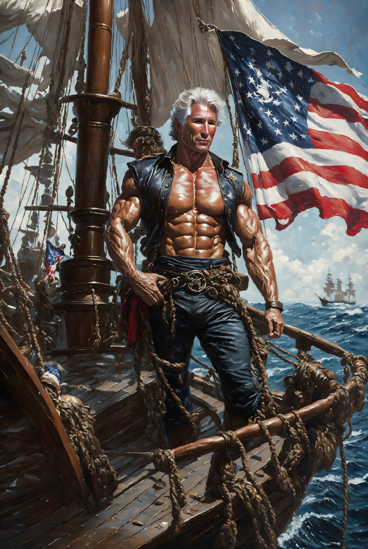 Silver-haired man holding American flag on ship deck with naval ships and blue skies.