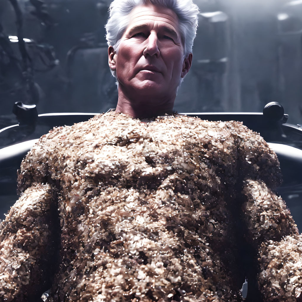 Silver-haired man covered in gold particles against industrial backdrop.