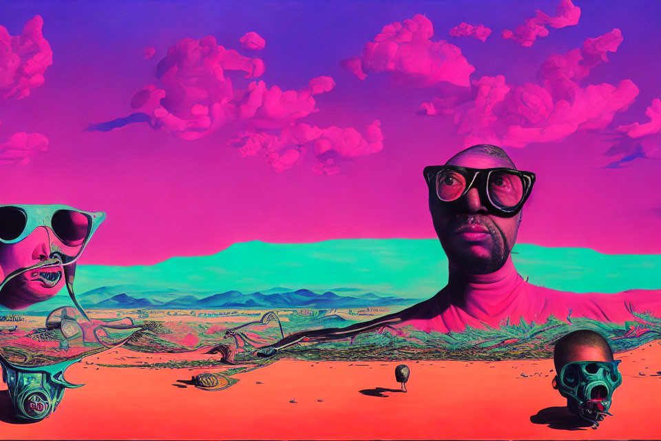 Colorful surreal landscape with oversized glasses, melting clock, floating clouds