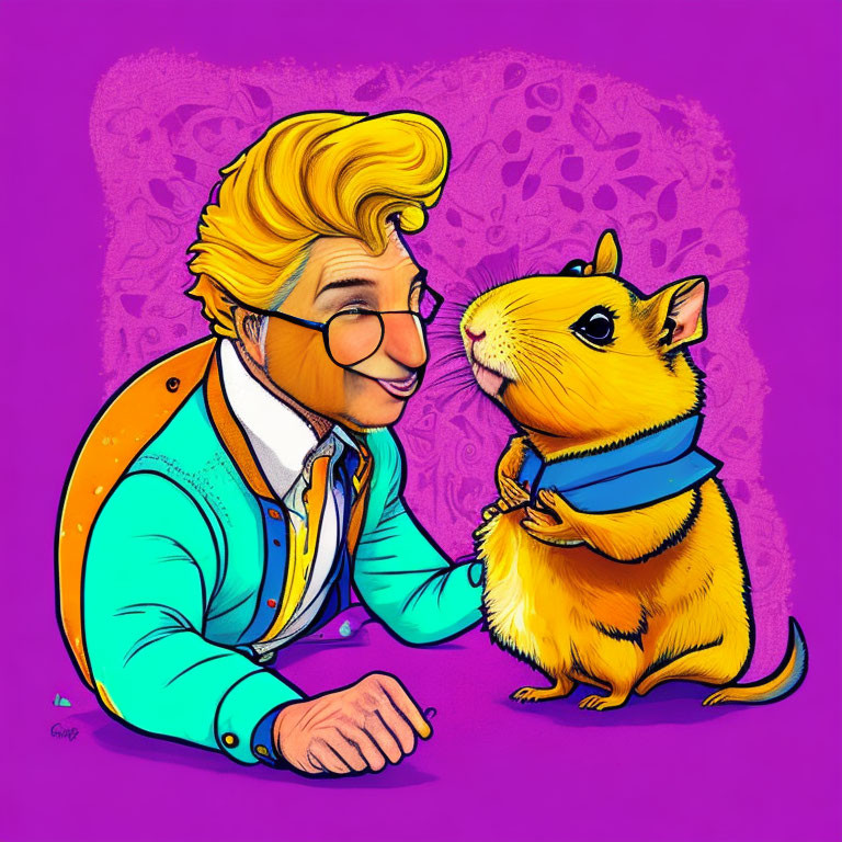 Smiling man with glasses and guinea pig in stylized illustration