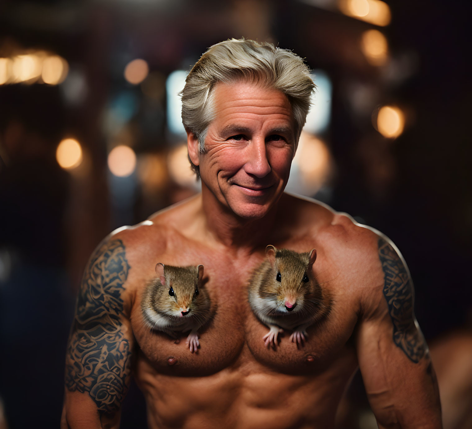 Salt-and-Pepper-Haired Man with Tattoos and Chipmunks Smiling