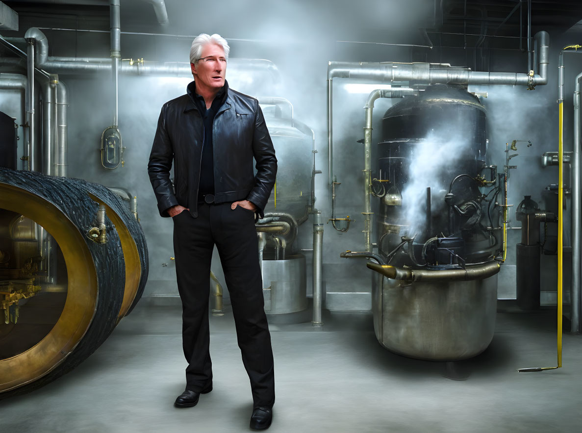 White-haired man in black leather jacket in industrial setting with steam and metal tanks.