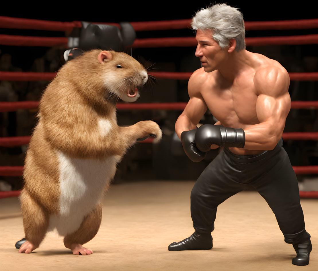 Muscular man boxing giant hamster in the ring