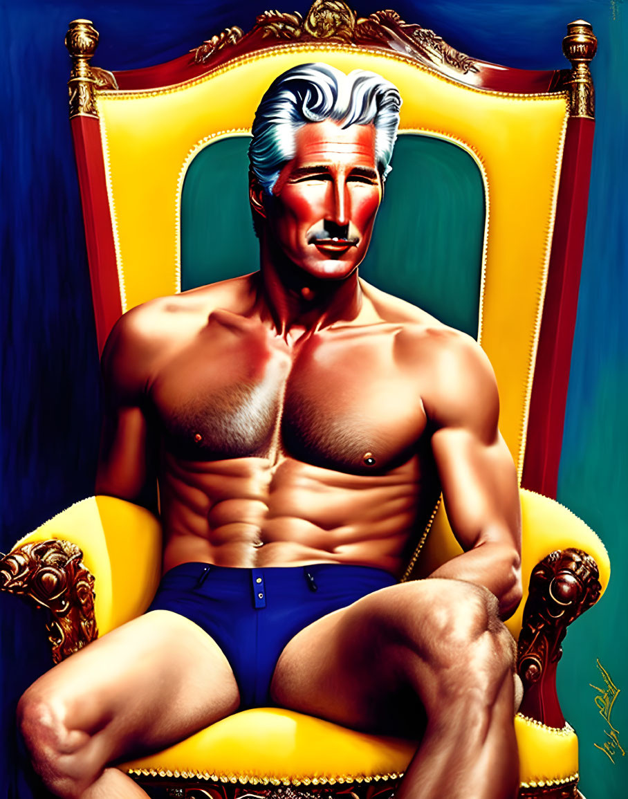 Muscular man with silver hair in blue swim trunks on golden throne