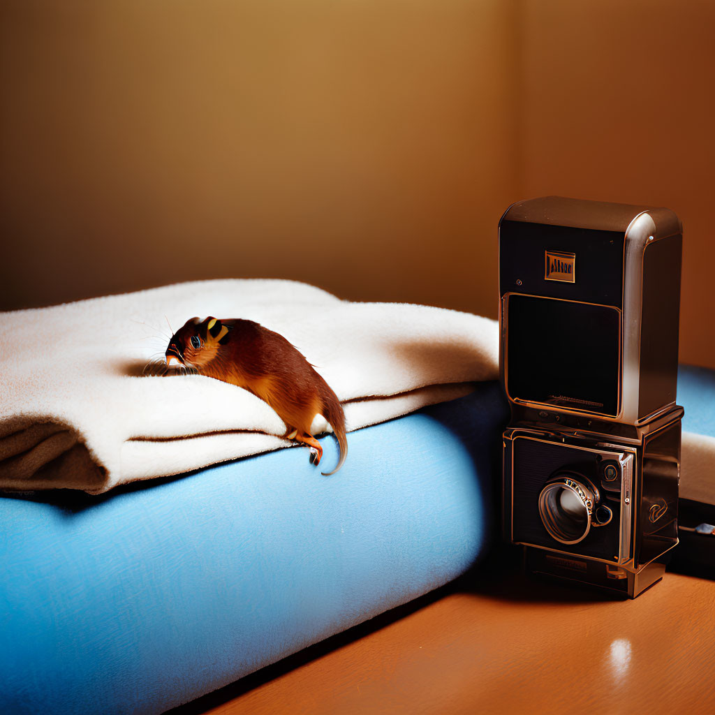 Ferret on Blue Cushion Near Vintage Camera in Warm Lighting