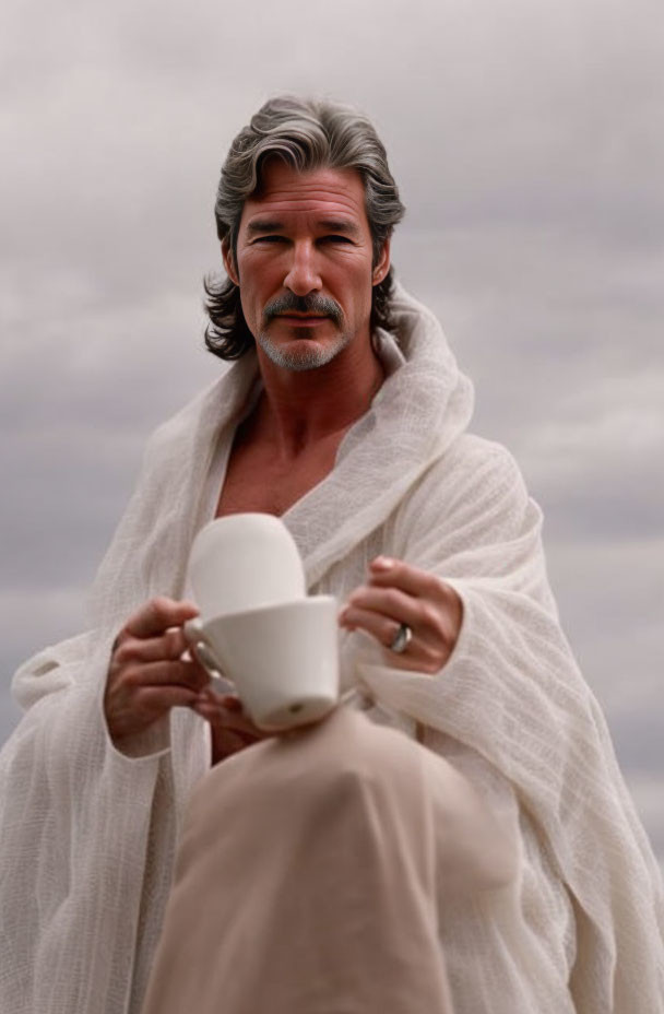 Gray-Haired Man in White Robe Holding Large Cup