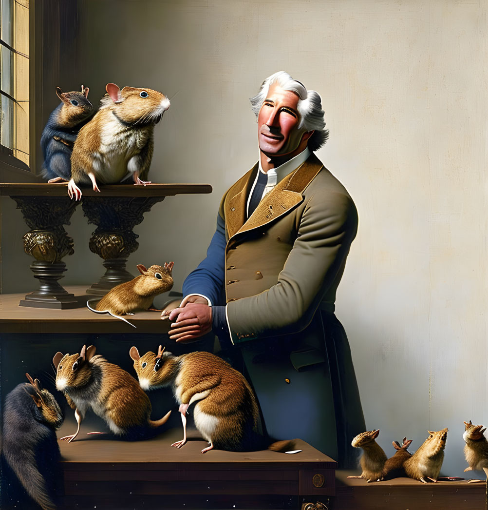 Surreal portrait: man with mouse head, mice on antique furniture